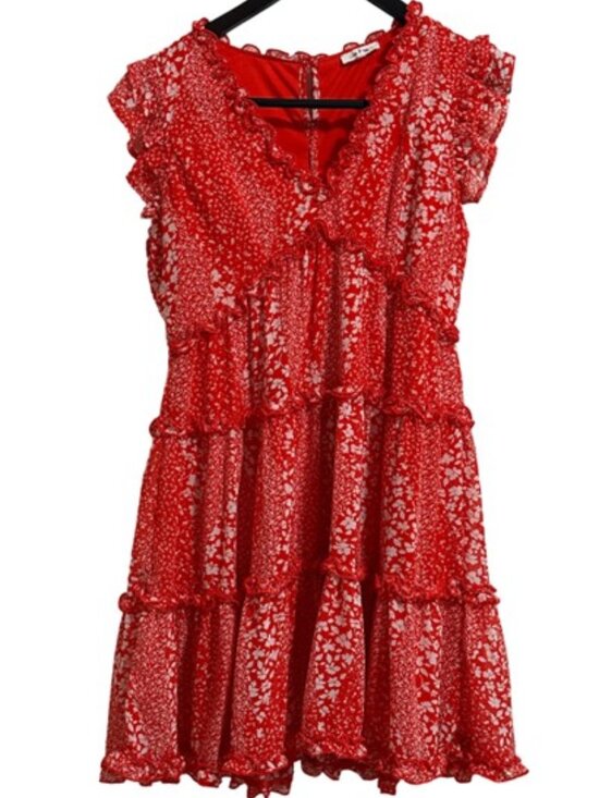 in loom Dresses & Skirts - In Loom Red Floral V-Neck Tiered Ruffle Cap Sleeve Mini Dress - Size Large